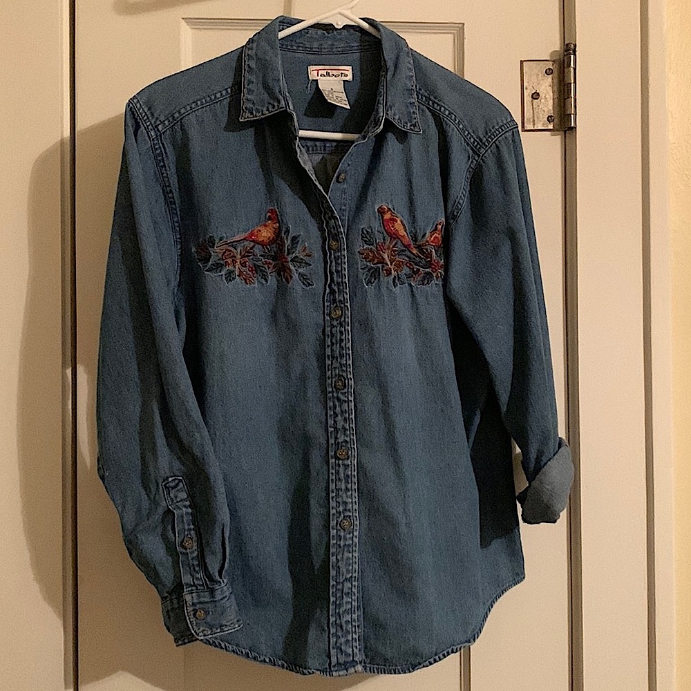 Talbots Denim Button Down, Embroidered Birds Design, Oversized Fit, Fall Ready!
